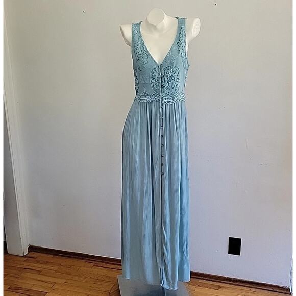 Forever 21 Button Loop Maxi Dress Seafoam Green Sleeveless Lace Cottage Prairie - Picture 5 of 10